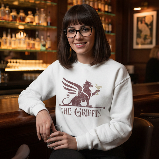 Woman wearing Griffin Bar sweatshirt in upscale bar